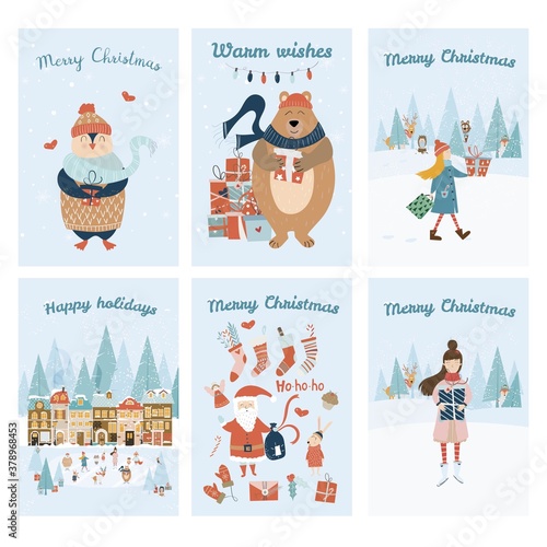 Set with Christmas and happy new year cards bear, penguin, santa, ice rink, animals, girl, presents. Vector illustration template