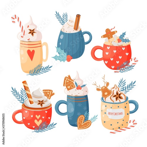 Christmas and Happy New Year set. Cute mugs with hot beverages cacao, tea, coffee, whipped cream, candy cane, gingerbread man, cookies, pastry. Elements for greeting cards design, posters, stickers.