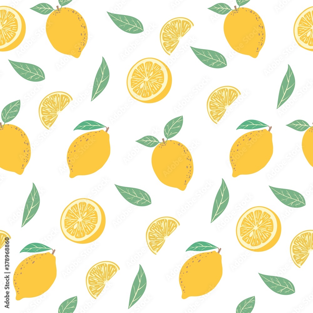 Seamless vector pattern with lemon and slices on white background. Fruit citrus illustration