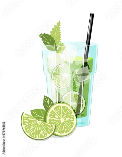 Poster with mojito cocktail and lime slices. Vector illustration