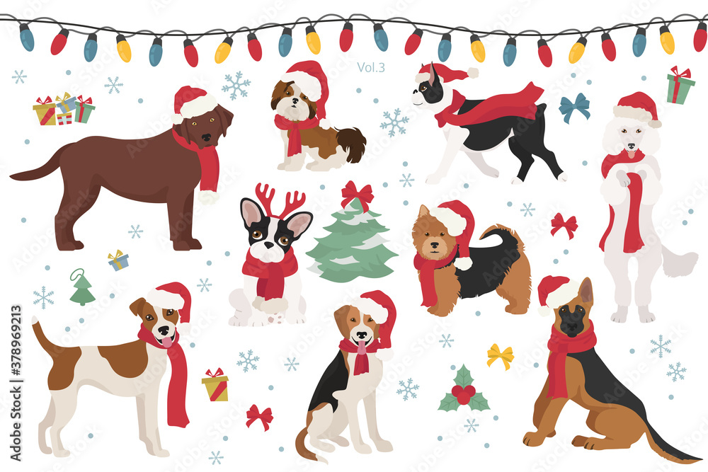 Dog characters in Santa hats and scarves. Christmas holiday design Dog characters in Santa hats and scarves. Christmas holiday design