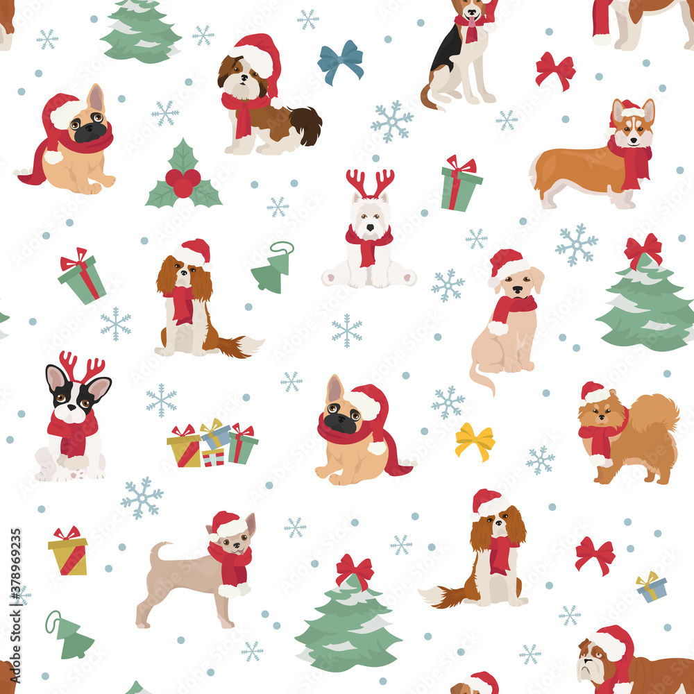 Dog characters in Santa hats and scarves. Christmas holiday seamless pattern design