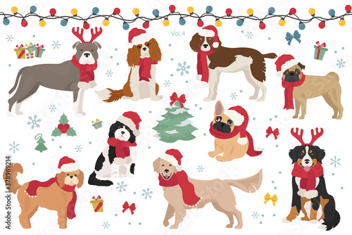Dog characters in Santa hats and scarves. Christmas holiday design