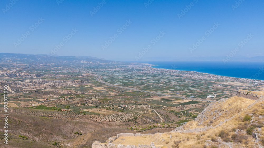 Aerial view on Acrocorinth, hill near Corinth and Gulf of Corinth, Peloponnese, Greece Aerial view on Acrocorinth, hill near Corinth and Gulf of Corinth, Peloponnese, Greece