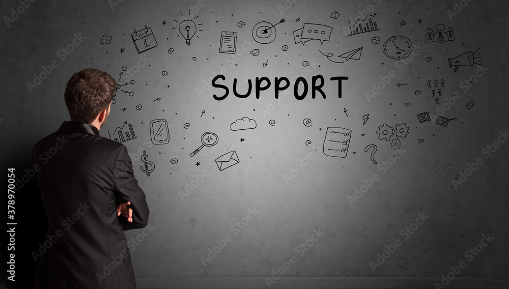 businessman drawing a creative idea sketch with SUPPORT inscription, business strategy concept