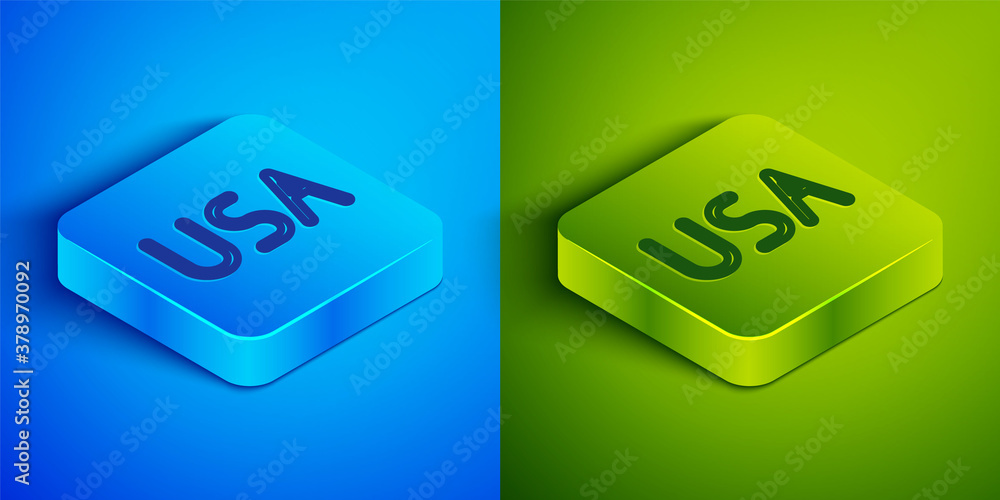 Isometric line USA label icon isolated on blue and green background. United States of America. Square button. Vector Illustration. Isometric line USA label icon isolated on blue and green background. United States of America. Square button. Vector Illustration.
