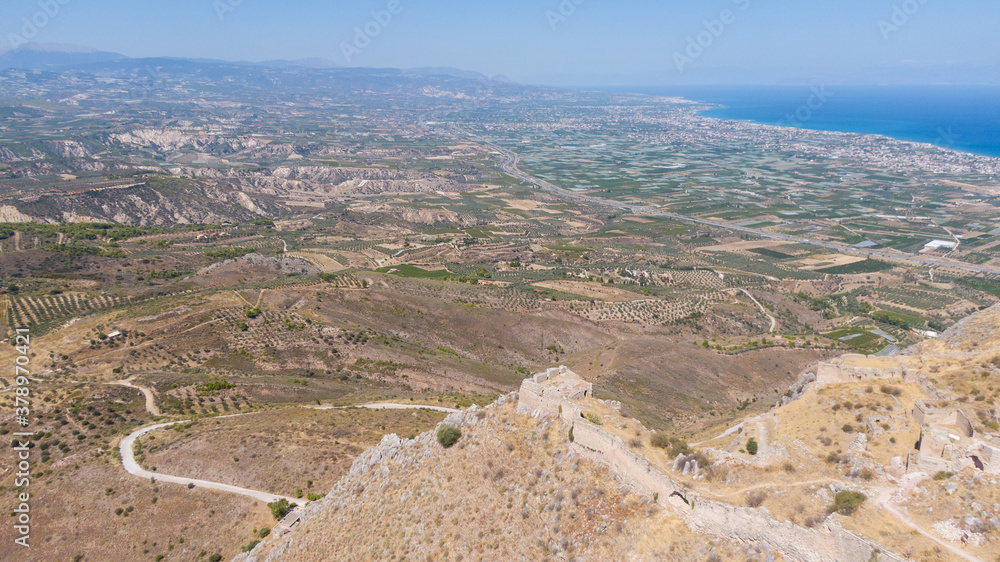 Aerial view on Acrocorinth, hill near Corinth and Gulf of Corinth, Peloponnese, Greece  