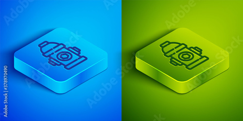 Isometric line Fire hydrant icon isolated on blue and green background. Square button. Vector Illustration.