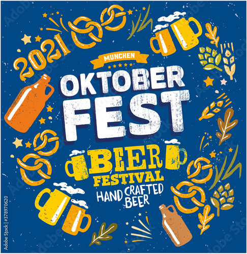 Oktoberfest party. Beer Festivale. Bavarian holiday. Handwritten typography header, signboard, greeting, invitation poster, card. Beer October festival celebration in Germany. Folk Bavarian festive.