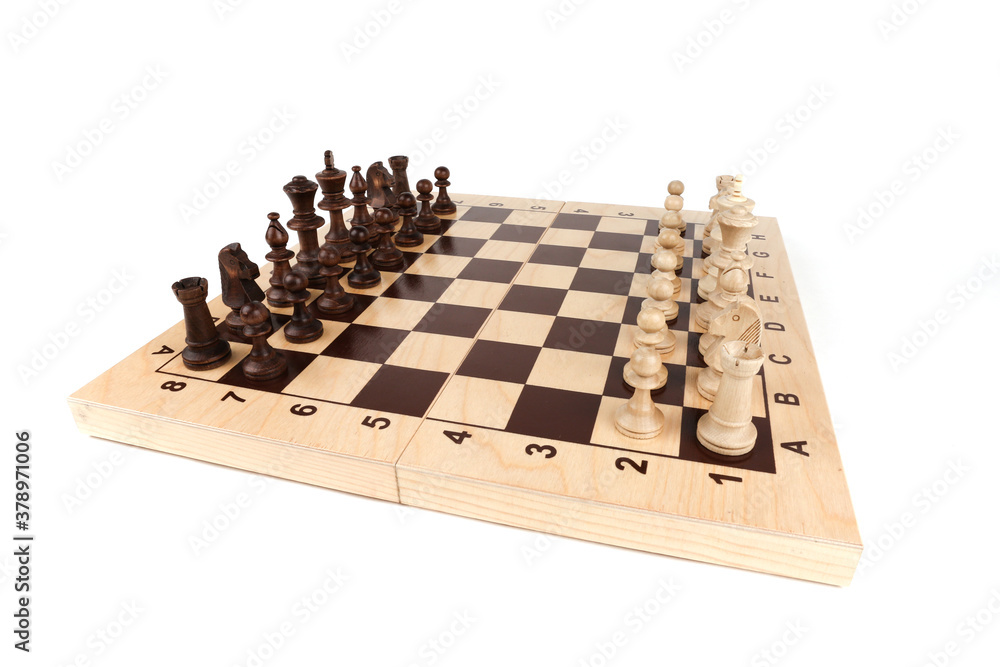 chessboard and chess pieces on white background