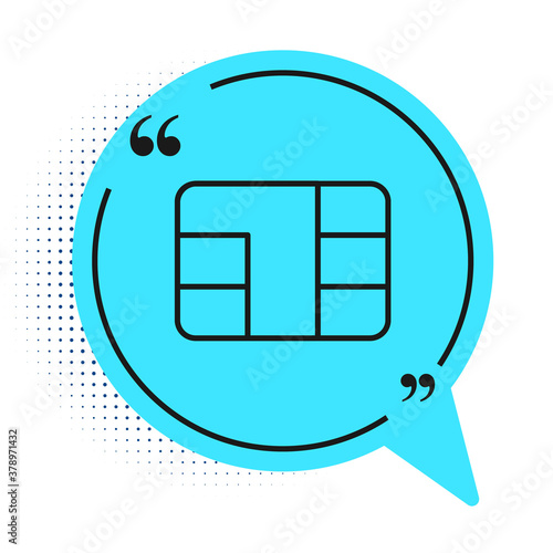 Black line Credit card with chip icon isolated on white background. Contactless payment. Blue speech bubble symbol. Vector Illustration.
