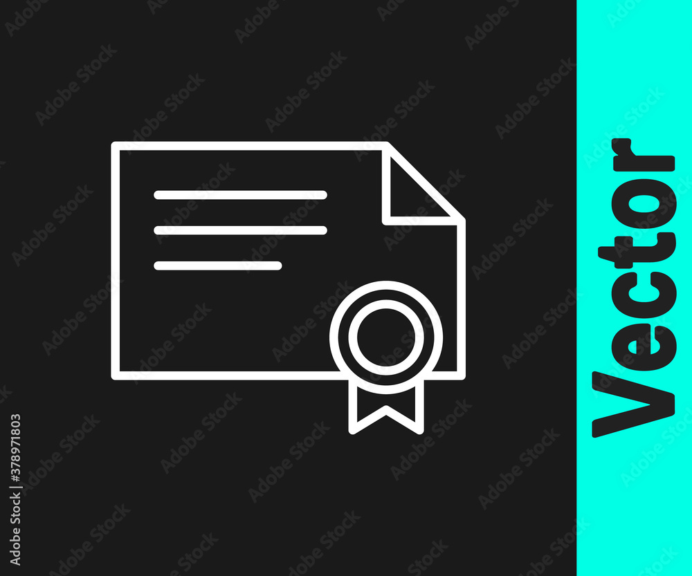 White line Certificate template icon isolated on black background. Achievement, award, degree, grant, diploma concepts. Vector Illustration. White line Certificate template icon isolated on black background. Achievement, award, degree, grant, diploma concepts. Vector Illustration.