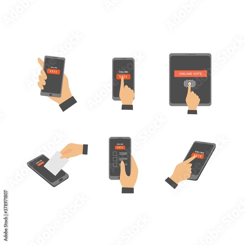 Set of online survey, online vote, online voting, e-voting, and election polling concept vector design flat illustraion template. Businessman, customer hand holding mobile phone and tablet.