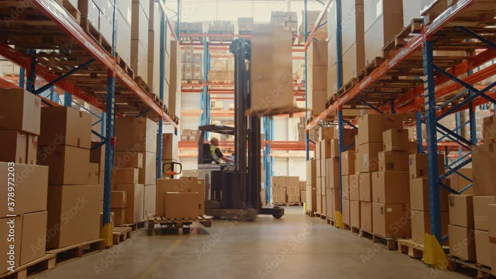 Time-Lapse: Retail Warehouse full of Shelves with Goods in Cardboard Boxes, Workers Scan and Sort Packages, Move Inventory with Pallet Trucks and Forklifts. Product Distribution Logistics Center
