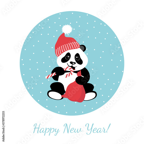 Little cute panda is eating candy. Vector illustration for children. Happy New Year.
