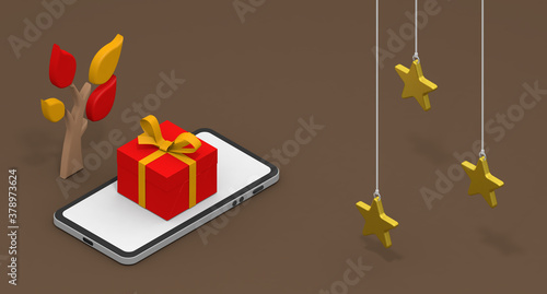 Three gold stars. Christmas gift concept. Shop on your smartphone. Christmas image.