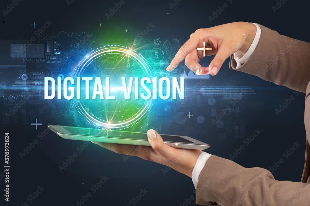 Close-up of a touchscreen with DIGITAL VISION inscription, new technology concept Close-up of a touchscreen with DIGITAL VISION inscription, new technology concept