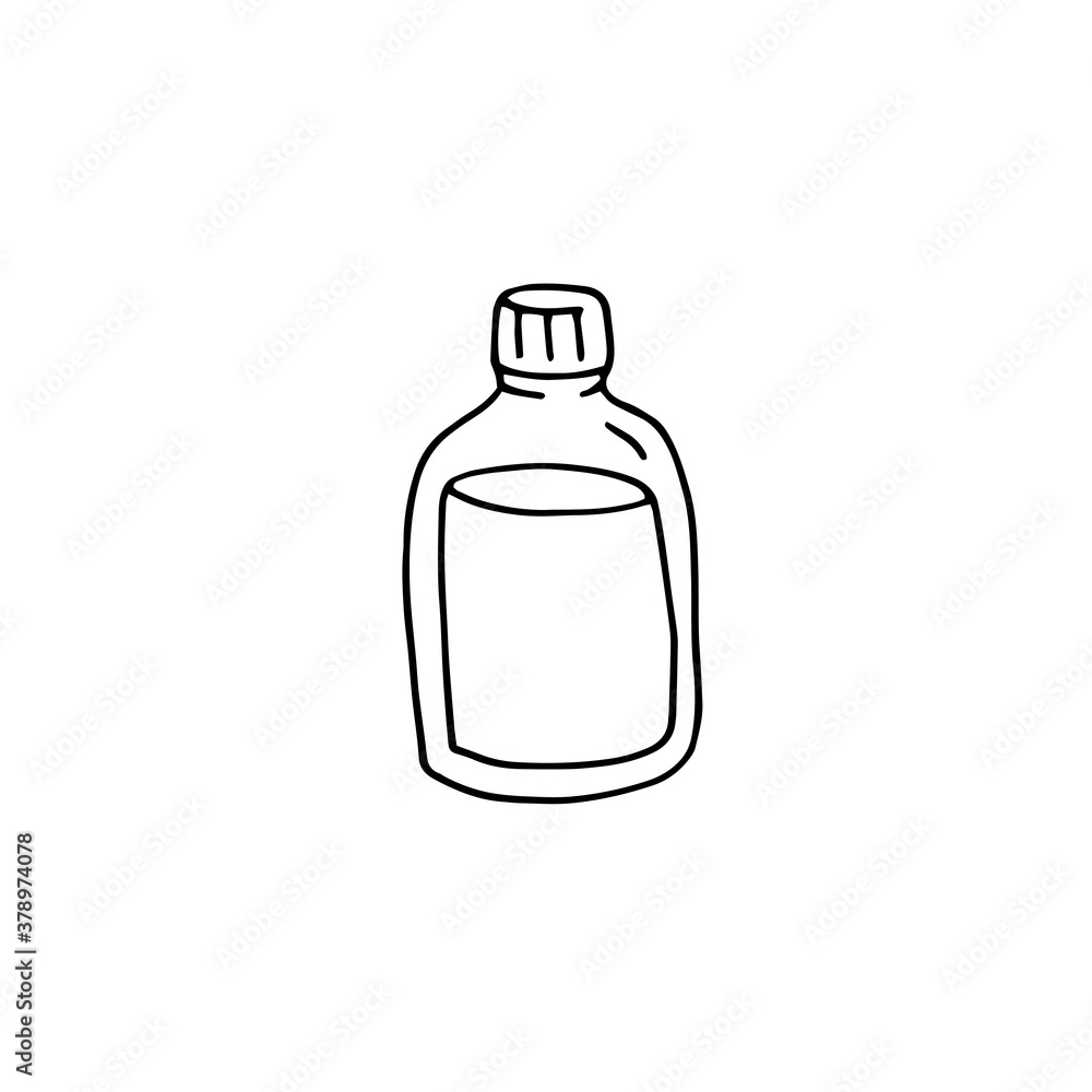 Glass bottle with potion. Container with liquid. Vector doodle illustrations. Black and white outline