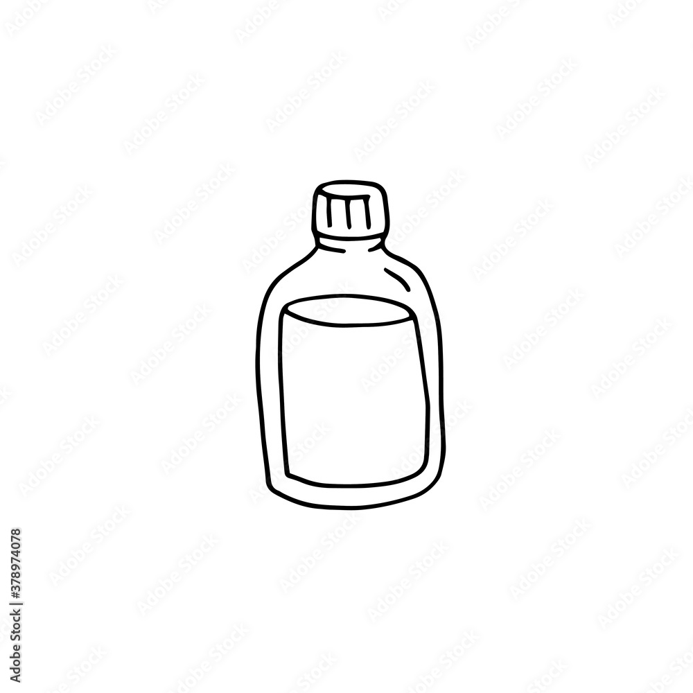 Glass bottle with potion. Container with liquid. Vector doodle illustrations. Black and white outline Glass bottle with potion. Container with liquid. Vector doodle illustrations. Black and white outline