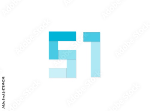 51 number, vector logo, paper cut desing font made of blue color tones .Isolated on white background. Eps10 illustration