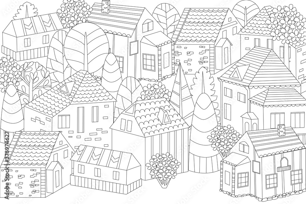 outline drawing cute cityscape with stylized trees for your colo