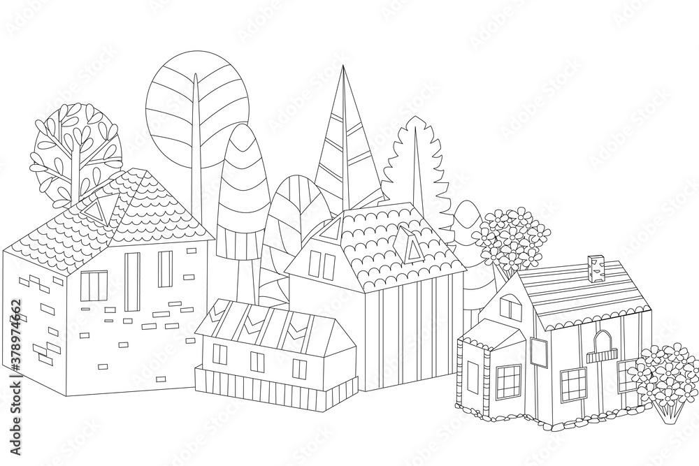outline drawing cute rural houses with stylized trees for your c