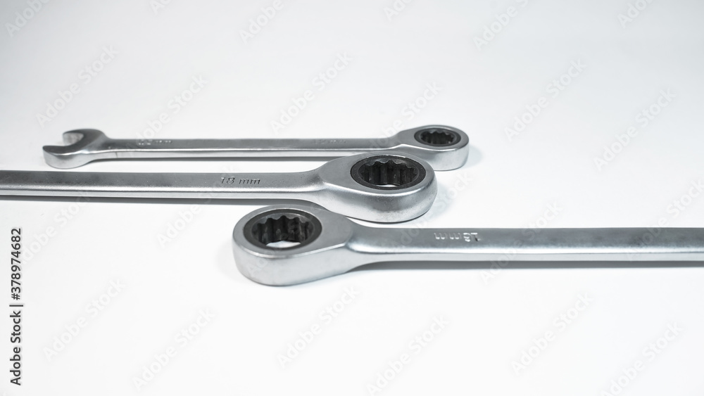 Spanners set. Steel wrenches for car repair on a white background.
