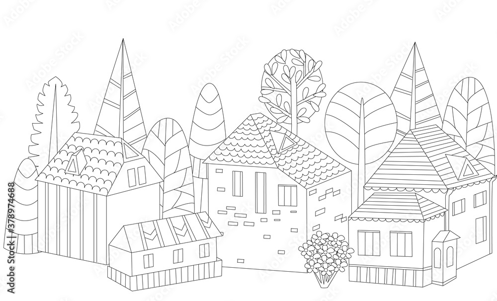 outline drawing town with cute houses surrounded fancy trees for