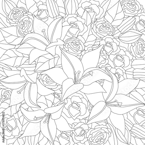 outlined drawing abstract field of flowers. beautiful lilies and