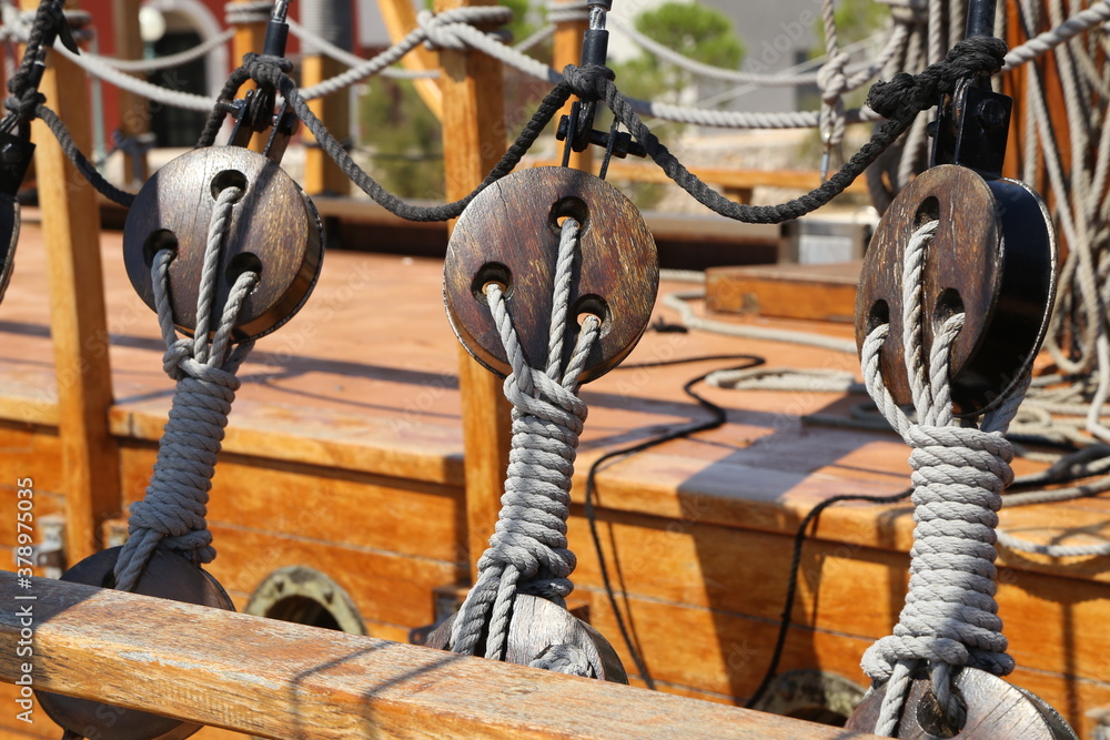 Ropes for securing the sails of a sailboat Ropes for securing the sails of a sailboat