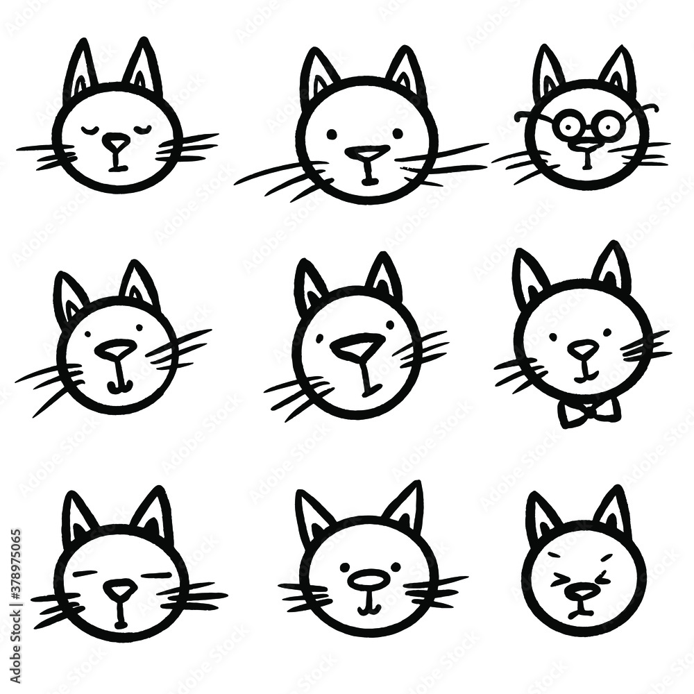 Trendy set with animals cats doodle. Hand drawn line art vector illustration. Seamless pattern. Isolated cartoon set icon animal. Vintage print. Love print. Smile icon vector.