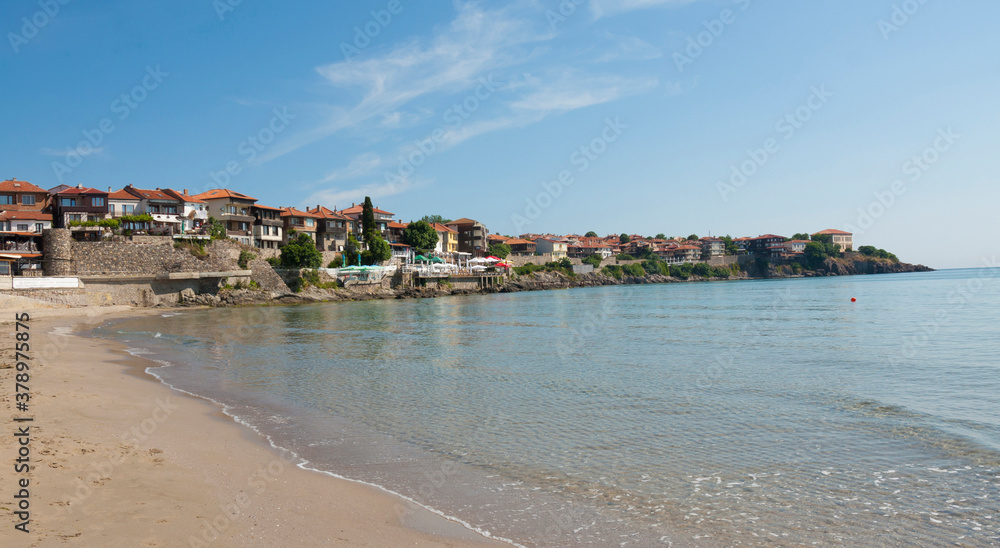 Panoramic view on atchitectural-historic complex old town Sozopol, Bulgaria.