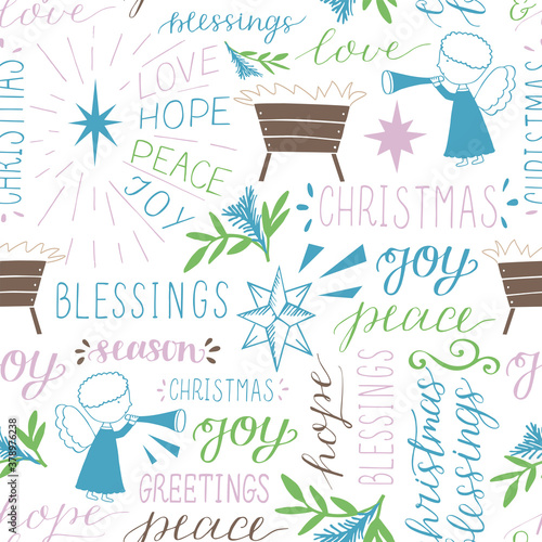 Seamless christmas pattern with hand drawn words Love, Hope, Peace, Joy, Greetings, Blessings, stars and Angels.