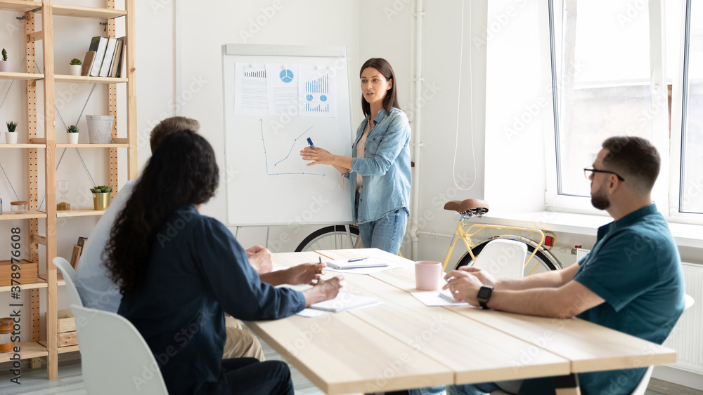 Confident businesswoman mentor presenting project statistics on flip chart at meeting, pointing to diagrams on white board, coach explaining strategy, marketing plan at corporate briefing