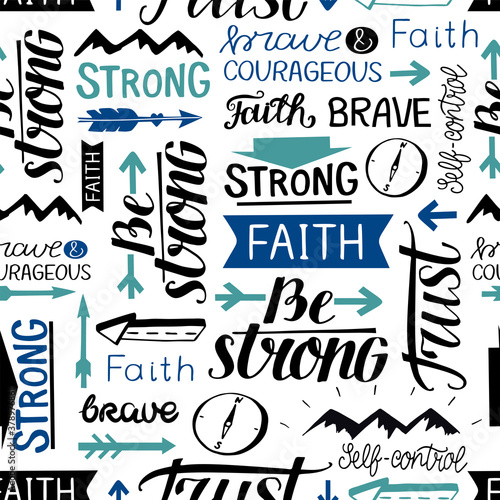 Seamless pattern with hand drawn words Faith, Strong, Brave, Trust.