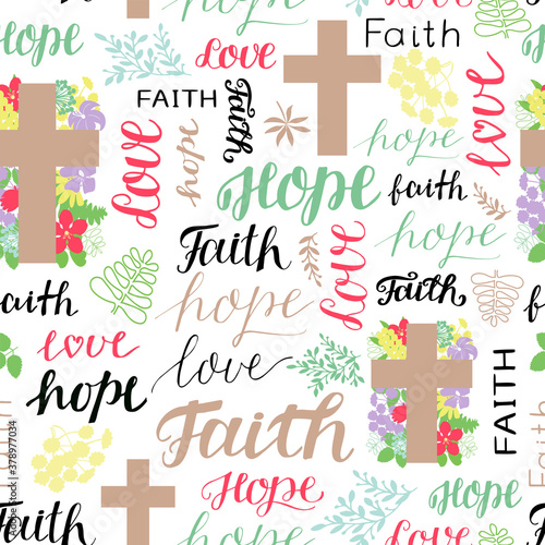 Seamless pattern with words Faith, Hope, Love and cross.