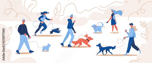 People walking with dogs. Owners and pets at park concept illustration. Illustration drawn in vibrant blue and orange colors