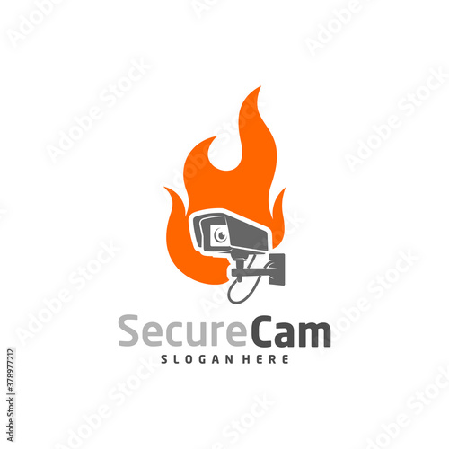 CCTV Camera with Fire icon logo design vector template, Concept Symbol