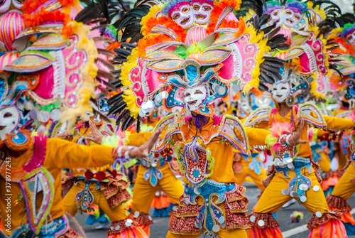 Colorful masks of street dacnce parade performer during Masskara Festival at Bacolod City  Philippines
