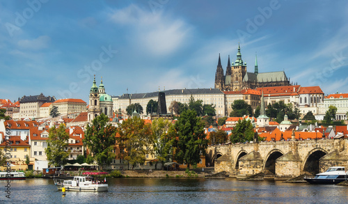Prague city architecture, seasides blue sky, and boats.