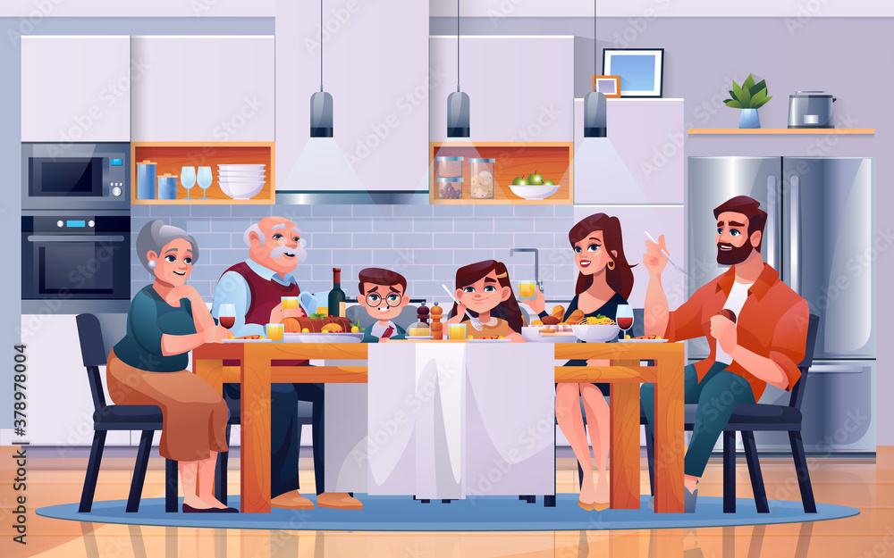 Family dinner at kitchen table, eating food, vector cartoon flat  illustration. Happy family together at lunch table in kitchen room, sitting  drinking and eating with child daughter, father and mother Stock Vector |