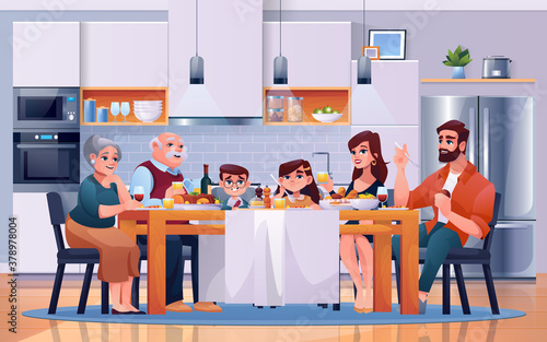 Family dinner at kitchen table, eating food, vector cartoon flat illustration. Happy family together at lunch table in kitchen room, sitting drinking and eating with child daughter, father and mother