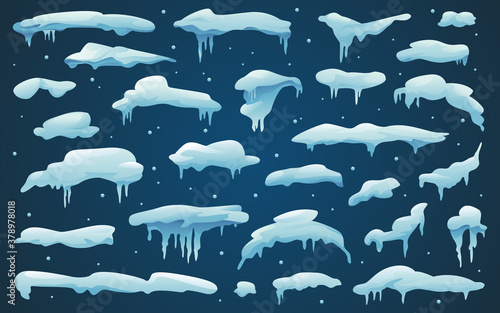 Snow caps and snowy ice, frozen icicles and snowflakes, vector isolated cartoon icons set. Abstract snow frost caps and icicles on winter background for Christmas and New Year design elements