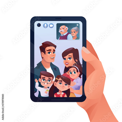 Video call or family chat in phone or smartphone, vector cartoon illustration. Child and elderly parents video call on quarantine, woman with kids chatting on mobile phone online watching in window