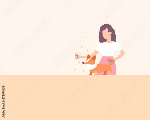 Girl cuts a dog on beige background, vector graphics