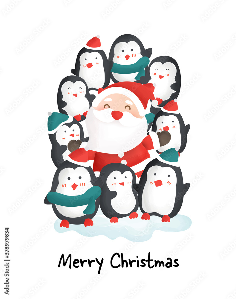 Merry Christmas day with cute penguins  and Santa cause for greeting card , new year card.