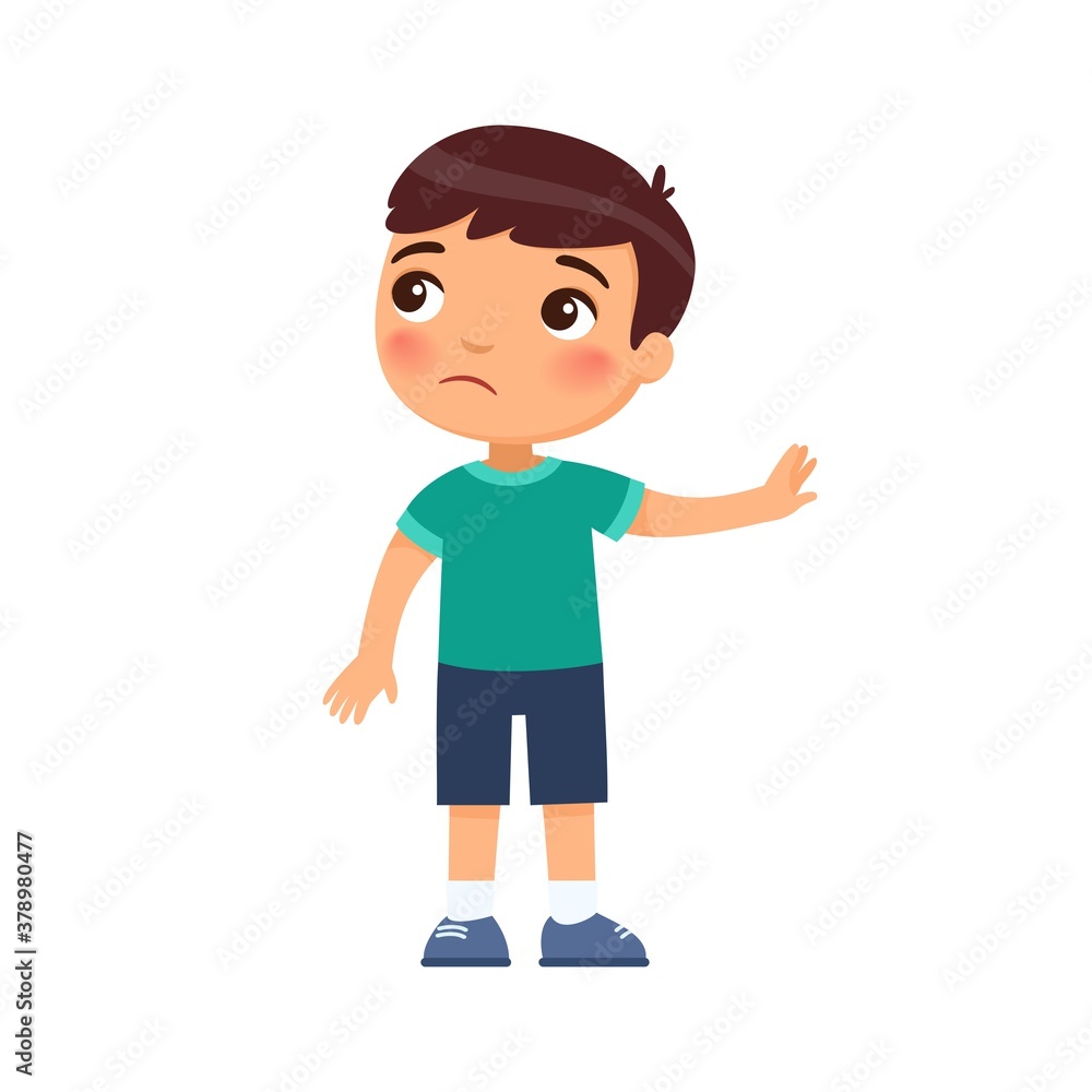 Displeased little boy shows refusal gesture. Naughty child, bad behavior. Child psychology. Cartoon character isolated on white background. Flat vector color illustration.