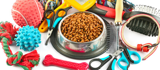 Dry food, toys, scissors and other accessories isolated on white background. Wide photo.