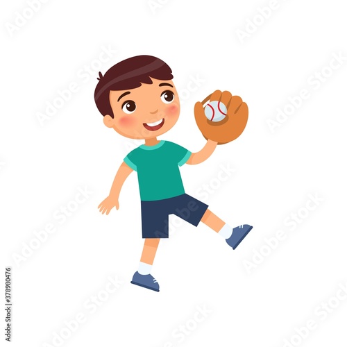 Little happy boy caught a baseball ball with a glove. Sports success concept. Cartoon character isolated on white background. Flat vector color illustration. photo