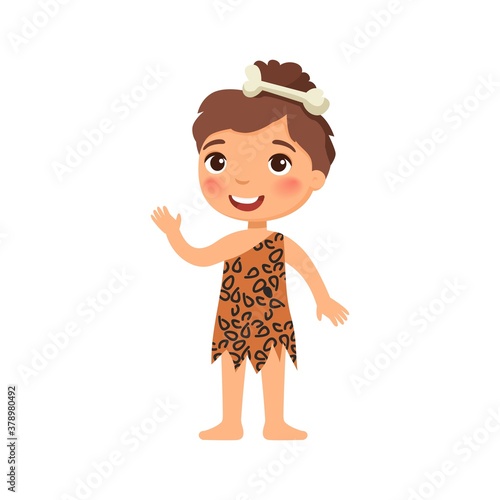 Little girl in the image of an ancient man. History of mankind. Cute cartoon character isolated on white background. Flat vector color illustration.